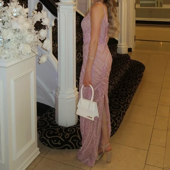 Pink Sequin Embellished Gown with Slit - Picture 3 of 7